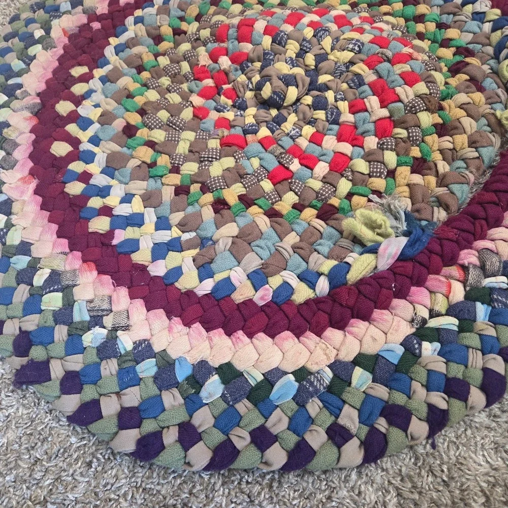 Vintage Handmade Braided Rag Rug Round Farmhouse Cabin Cottage Boho Folk Art 30